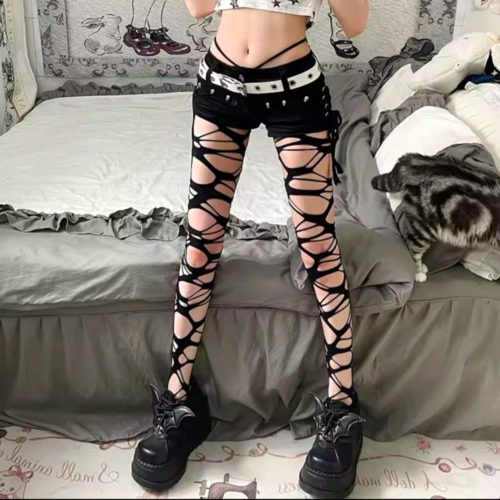 Black punk goth large hole distressed leggings edgy tights stockings spider NWT